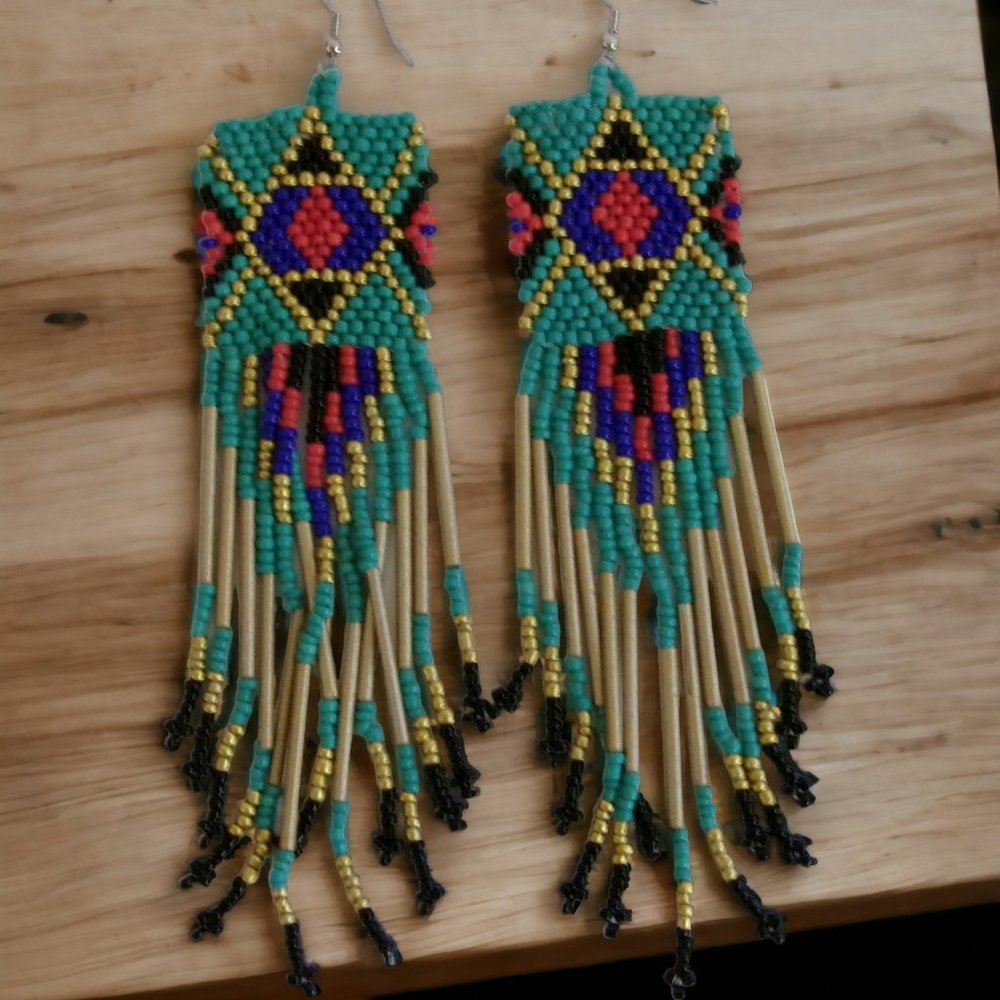 Vintage Native American Western Hand Made Glass Seed Beed Fringe Earrings